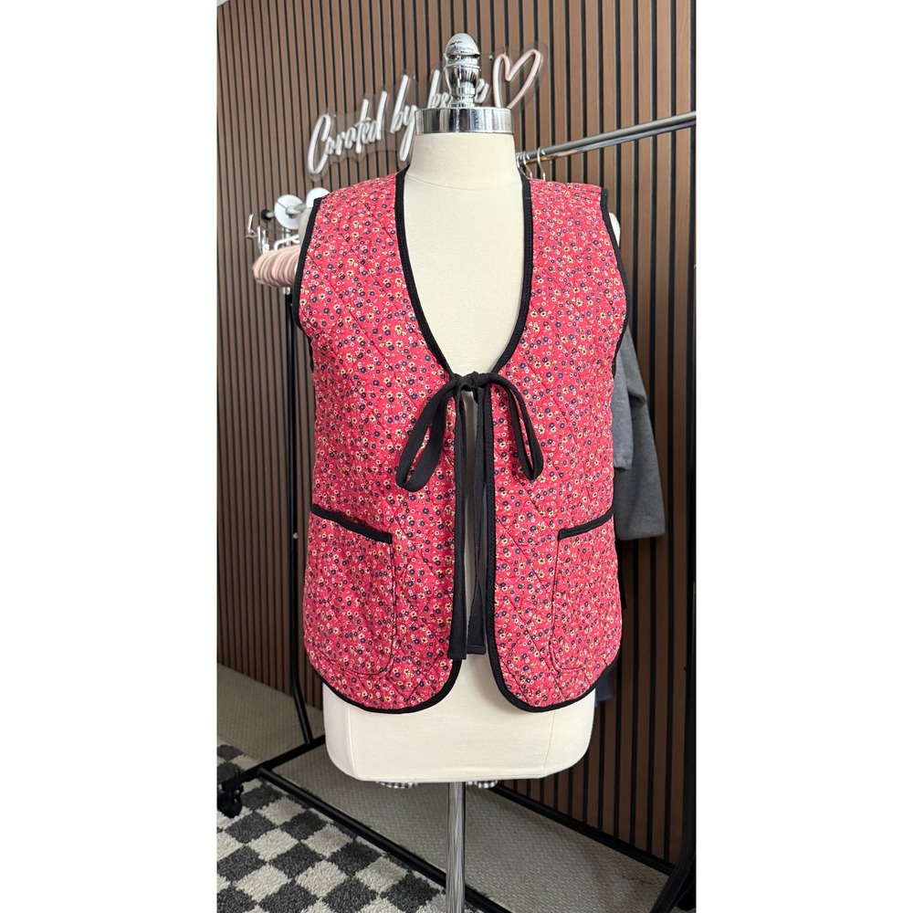 Free People Claudine Vest Women Small Red Floral Quilted Tie Front Sleeveless